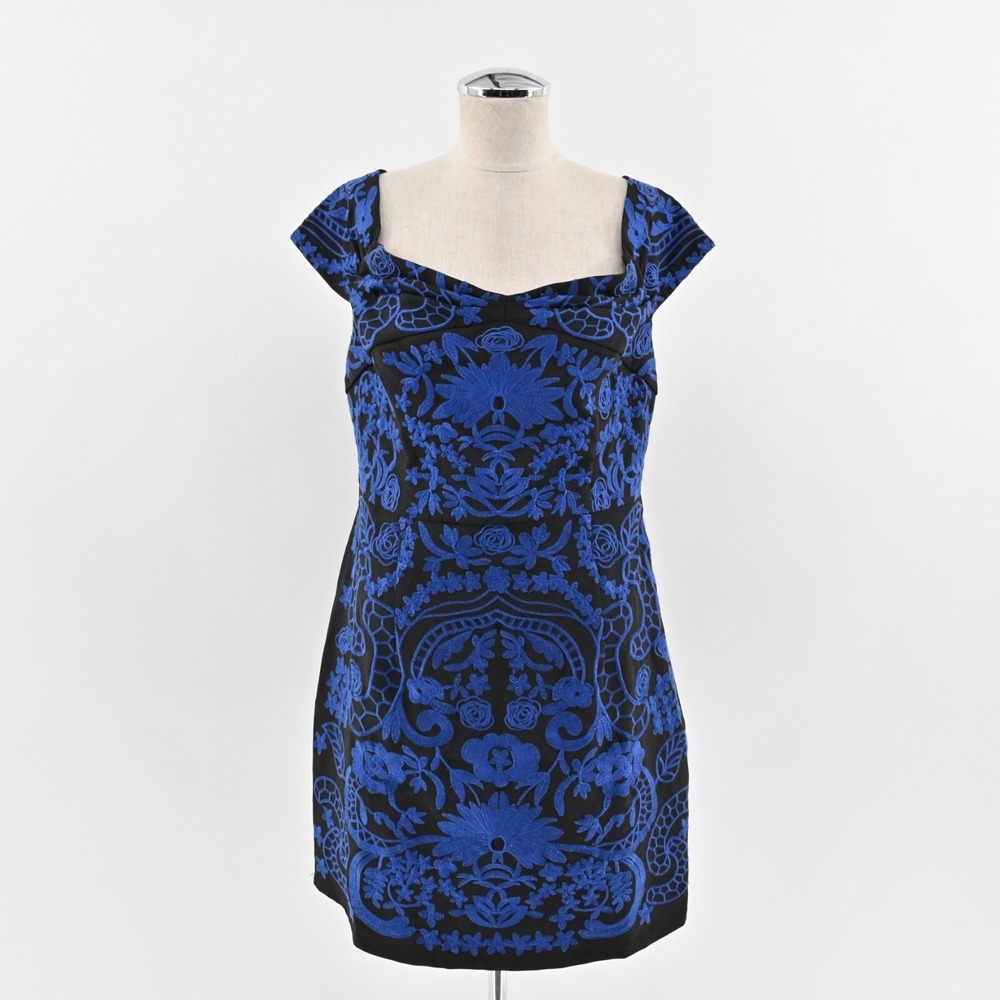 Anthropologie Dress Size 10 Betina Embroidered Black Cobalt Blue Mini Foxiedox